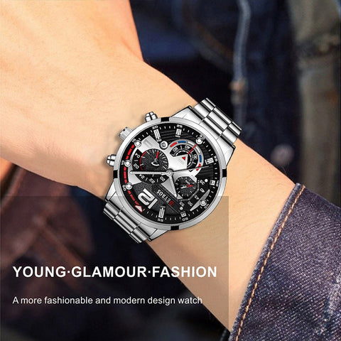 Image of Luxury Mens Watches Fashion Stainless Steel Quartz Wrist Watch Calendar Date Luminous Clock Men Business Casual Leather Watch-FrenzyAfricanFashion.com