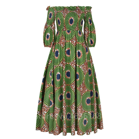 Image of African National Print Party Dress Women Casual Sexy Slash-neck Lady Maxi Dress New Vintage Long-sleeved Loose Elegant Dresses-FrenzyAfricanFashion.com