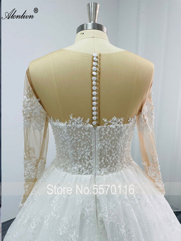 Image of Elegant Silky Lace Of V-Neck Full Sleeve A Line Wedding Dress Beading Pearls Brown Skin Bridal Gowns-FrenzyAfricanFashion.com