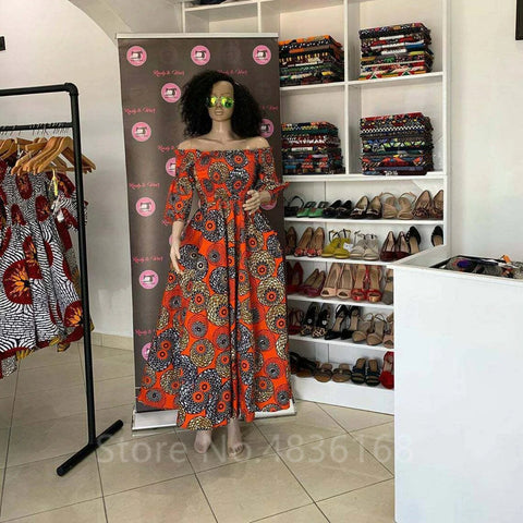 Image of African National Print Party Dress Women Casual Sexy Slash-neck Lady Maxi Dress New Vintage Long-sleeved Loose Elegant Dresses-FrenzyAfricanFashion.com