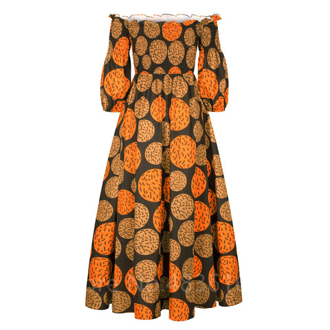 Image of African National Print Party Dress Women Casual Sexy Slash-neck Lady Maxi Dress New Vintage Long-sleeved Loose Elegant Dresses-FrenzyAfricanFashion.com