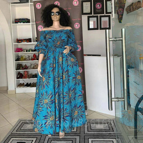 Image of African National Print Party Dress Women Casual Sexy Slash-neck Lady Maxi Dress New Vintage Long-sleeved Loose Elegant Dresses-FrenzyAfricanFashion.com