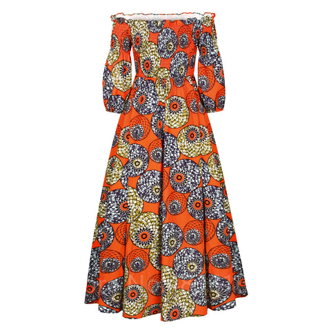 Image of African National Print Party Dress Women Casual Sexy Slash-neck Lady Maxi Dress New Vintage Long-sleeved Loose Elegant Dresses-FrenzyAfricanFashion.com