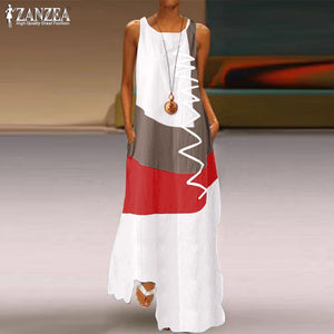 ZANZEA 2022 Womens Autumn Sundress Stitching Maxi Dress Casual Long Sleeve Tunic Vestidos Female Cotton Linen Robe-FrenzyAfricanFashion.com