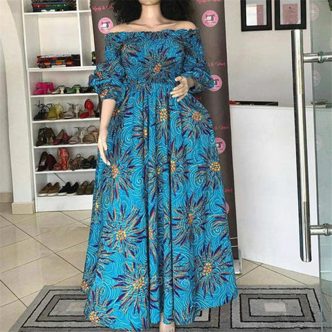 Image of African National Print Party Dress Women Casual Sexy Slash-neck Lady Maxi Dress New Vintage Long-sleeved Loose Elegant Dresses-FrenzyAfricanFashion.com