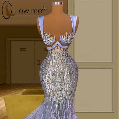 Image of Lowime Sexy Illusion Feathers Pearls Mermaid Evening Dresses Lavender Lace Prom Party Gowns Long Robes De Soiree-FrenzyAfricanFashion.com