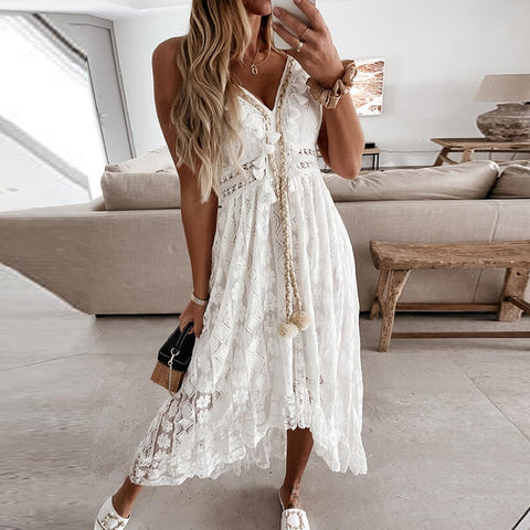 Image of Off Shoulder Lace Patchwork Elegant Dress Women Summer 2021 V Neck Spaghetti Strap Dress Female New Fashion Solid Party Dresses-FrenzyAfricanFashion.com