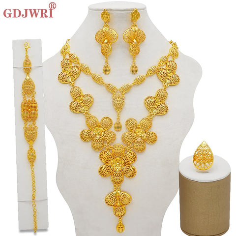 Image of Dubai Jewelry Sets Gold Color Necklace &amp; Earring Set For Women African France Wedding Party Jewelery Ethiopia Bridal Gifts-FrenzyAfricanFashion.com