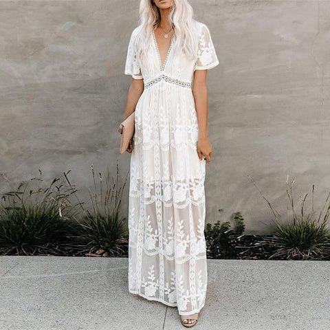 Image of Off Shoulder Lace Patchwork Elegant Dress Women Summer 2021 V Neck Spaghetti Strap Dress Female New Fashion Solid Party Dresses-FrenzyAfricanFashion.com