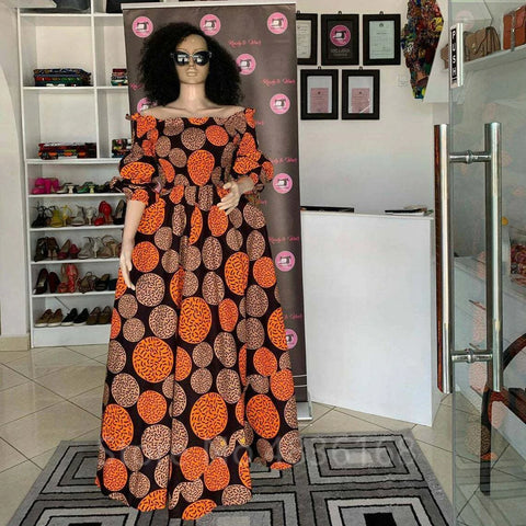 Image of African National Print Party Dress Women Casual Sexy Slash-neck Lady Maxi Dress New Vintage Long-sleeved Loose Elegant Dresses-FrenzyAfricanFashion.com