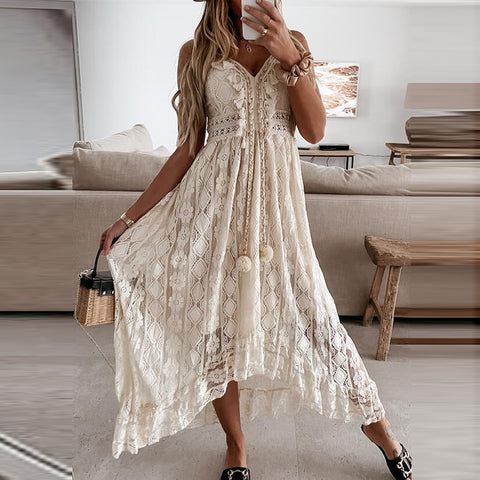 Image of Off Shoulder Lace Patchwork Elegant Dress Women Summer 2021 V Neck Spaghetti Strap Dress Female New Fashion Solid Party Dresses-FrenzyAfricanFashion.com