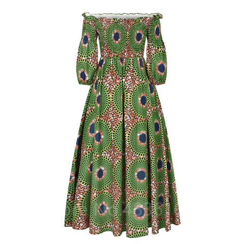 Image of African National Print Party Dress Women Casual Sexy Slash-neck Lady Maxi Dress New Vintage Long-sleeved Loose Elegant Dresses-FrenzyAfricanFashion.com