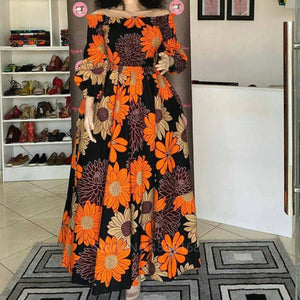 African National Print Party Dress Women Casual Sexy Slash-neck Lady Maxi Dress New Vintage Long-sleeved Loose Elegant Dresses-FrenzyAfricanFashion.com