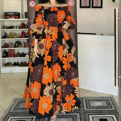 Image of African National Print Party Dress Women Casual Sexy Slash-neck Lady Maxi Dress New Vintage Long-sleeved Loose Elegant Dresses-FrenzyAfricanFashion.com