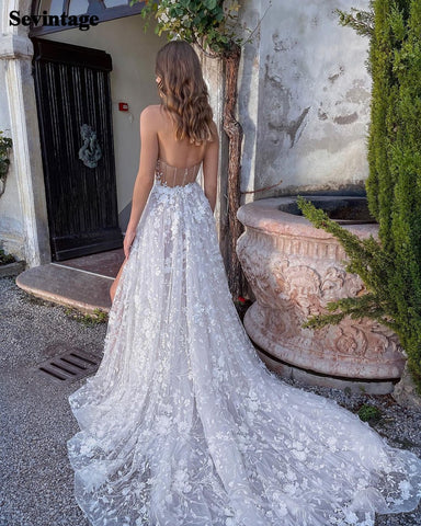 Image of High Side Split Boho Wedding Dresses A-Line Sweetheart Appliques Lace 3D Flowers Wedding Gowns Bohomia Bridal Dress-FrenzyAfricanFashion.com