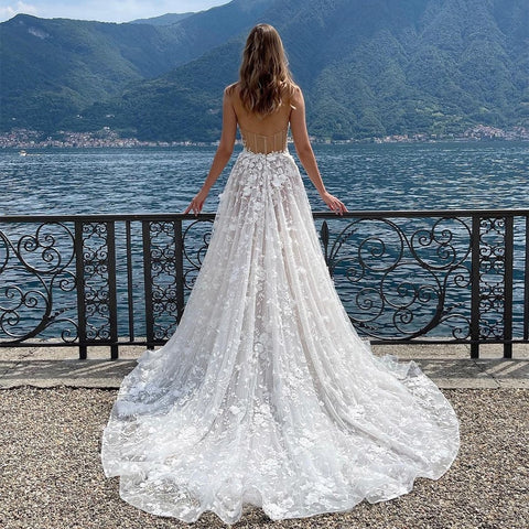 Image of High Side Split Boho Wedding Dresses A-Line Sweetheart Appliques Lace 3D Flowers Wedding Gowns Bohomia Bridal Dress-FrenzyAfricanFashion.com