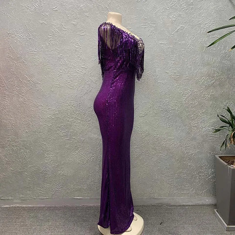 Image of African Fall Women Clothes Long Sequin Party Gowns Tassel Dress Floor Length Evening Dresses 2021 African Dresses for Women-FrenzyAfricanFashion.com