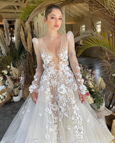 Image of Boho Wedding Dresses Lace Appliques Long sleeves V-Neck Bride Dress 3D Flowers A-Line Wedding Gown Plus Size-FrenzyAfricanFashion.com