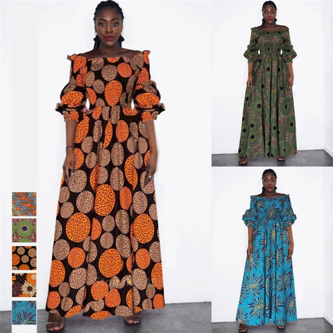 Image of African National Print Party Dress Women Casual Sexy Slash-neck Lady Maxi Dress New Vintage Long-sleeved Loose Elegant Dresses-FrenzyAfricanFashion.com