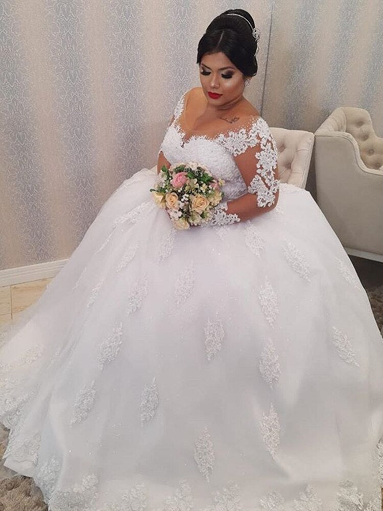 Lace Wedding Dress Plus Size Illusion Long Sleeve Pearls Beading Appliques White Bridal Gowns-FrenzyAfricanFashion.com