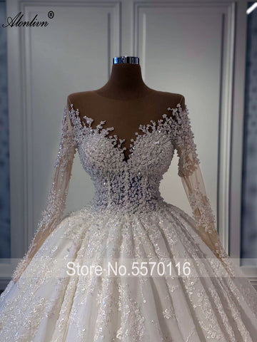 Image of Elegant Silky Lace Of V-Neck Full Sleeve A Line Wedding Dress Beading Pearls Brown Skin Bridal Gowns-FrenzyAfricanFashion.com