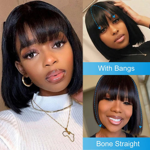 Image of 3X1 Middle Part Lace Wig Bob Wigs Full Machine Made Bone Straight Human Hair Wigs With Bangs Short Bob Human Hair Wigs For Women-FrenzyAfricanFashion.com