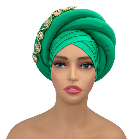 Image of Twisted Braid Turban Cap for Women African Lady Head Wraps Diamonds Nigeria Raw Silk Autogele Headtie Muslim Hat Party Headwear-FrenzyAfricanFashion.com