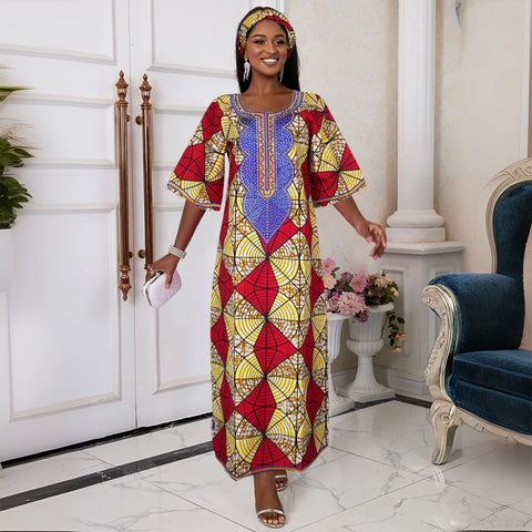 Image of H&D New African Dresses For Women Embroidery Bazin Floral Boho Dresses Ankara Rich Long Robes Nigeria Party Wedding Ramadan 2024-FrenzyAfricanFashion.com