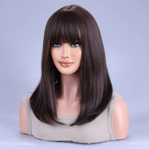 Image of Black Brown Synthetic Wig with Bangs Middle Long Straight Curly Wigs for Women Cosplay Daily Party Heat Resistant Fiber Hair-FrenzyAfricanFashion.com