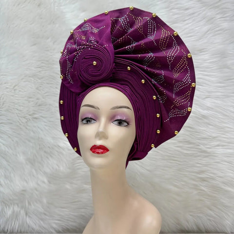 Image of Fahion High Quality Nigerian Gele Headtie Aso Oke Gele Already Made Auto Gele Aso Ebi Headtie African Turban with Bead Z1113-1-FrenzyAfricanFashion.com