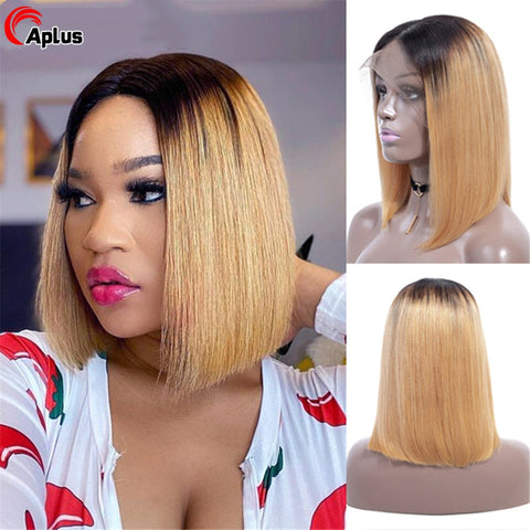 Image of Straight Short Bob Human Hair Wigs Brazilian Ombre Blonde Bob Wig Lace Front Human Hair Wigs Blunt Cut Bob Wigs For Black Women-FrenzyAfricanFashion.com