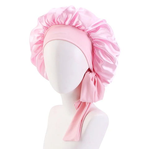 Image of Satin Solid Sleeping Hat with Stretchy Tie Band Elastic Night Shower Cap Adjustable Hair Head Cover Bonnet turban-FrenzyAfricanFashion.com