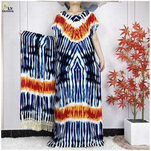 Short Sleeve African Dashiki Tie-dyed Cotton Abaya Caftan Casual Dresses With Big Scarf-FrenzyAfricanFashion.com