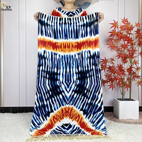 Image of Short Sleeve African Dashiki Tie-dyed Cotton Abaya Caftan Casual Dresses With Big Scarf-FrenzyAfricanFashion.com