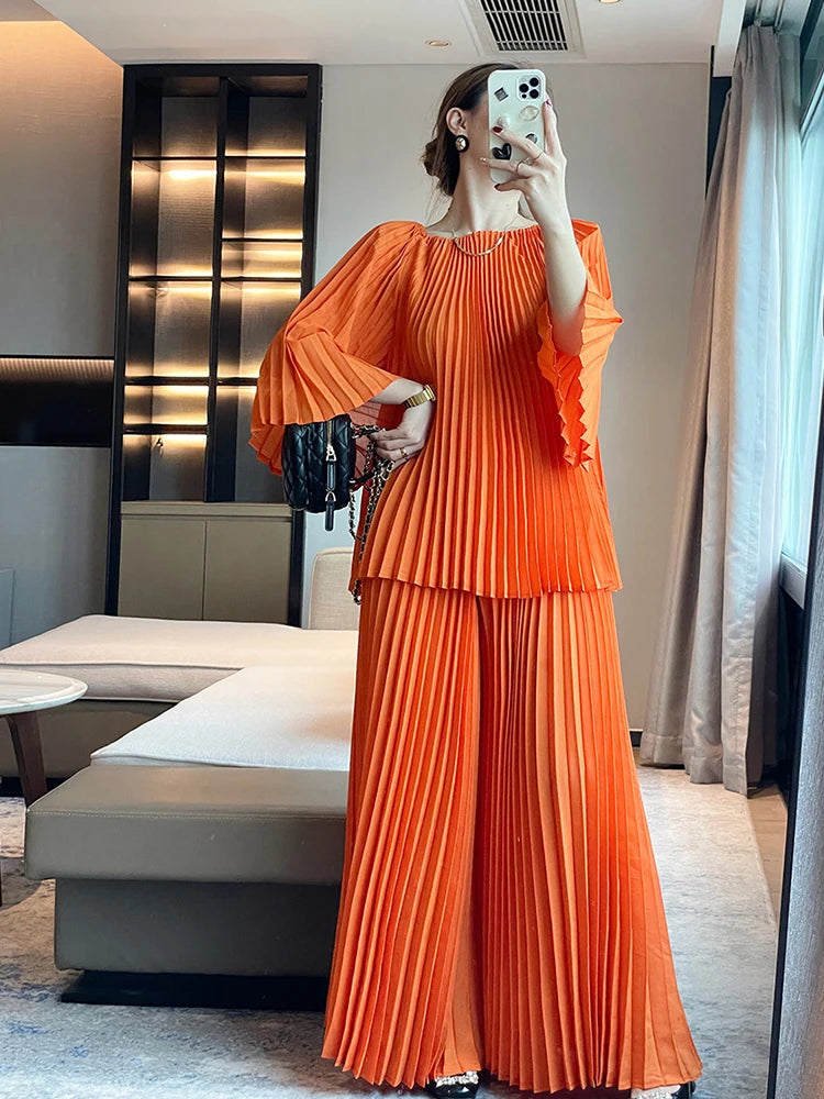 Elegant Pleated Set Women Loose Flare Sleeves Fold Blouse Wide Leg Pants-FrenzyAfricanFashion.com