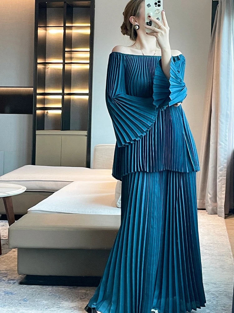 Elegant Pleated Set Women Loose Flare Sleeves Fold Blouse Wide Leg Pants-FrenzyAfricanFashion.com