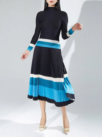 Image of Women's Color Print Pleated Set Fashion Long Sleeves T-shirt High Waist A-line Skirt-FrenzyAfricanFashion.com