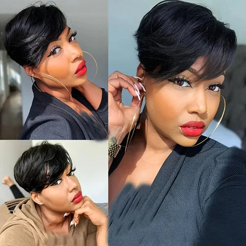 Image of Short Pixie Cut Wig Human Hair Black Women-FrenzyAfricanFashion.com