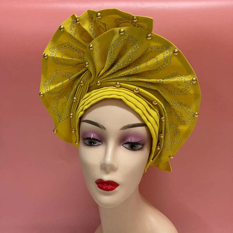 Image of Fahion High Quality Nigerian Gele Headtie Aso Oke Gele Already Made Auto Gele Aso Ebi Headtie African Turban with Bead Z1113-1-FrenzyAfricanFashion.com