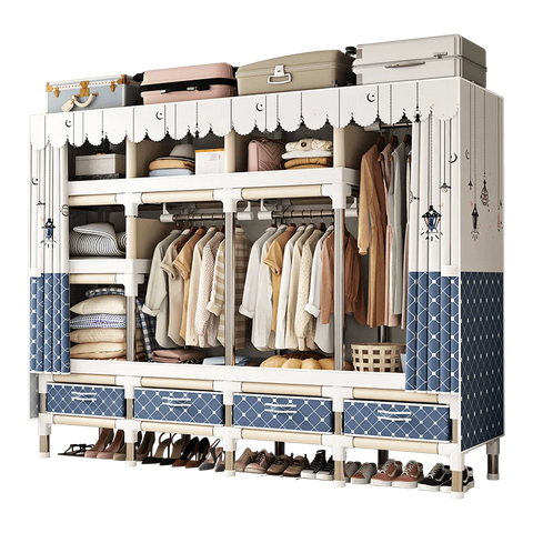 Image of Spacious & Durable Stainless Steel Wardrobe with Dustproof Cover: Ideal Organizer for Bedroom, Dorm, Home-FrenzyAfricanFashion.com