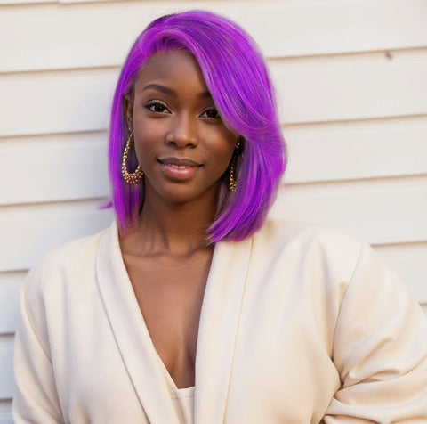 Image of Short Bob Wig 180% Dark Purple Lace Front Human Hair Wigs For Women 13x4 Lace Frontal Wig Colored Straight Bob Lace Front Wigs-FrenzyAfricanFashion.com