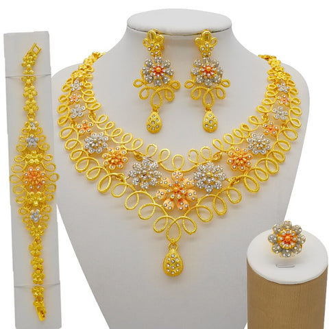 Image of Dubai Jewelry Sets Gold Color Necklace &amp; Earring Set For Women African France Wedding Party Jewelery Ethiopia Bridal Gifts-FrenzyAfricanFashion.com