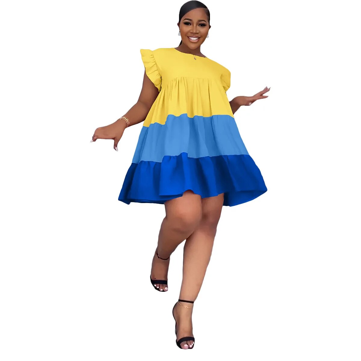 plus size Round Neck Ruffled Sleeve Contrast Panel Swing Loose Women's Dress-FrenzyAfricanFashion.com