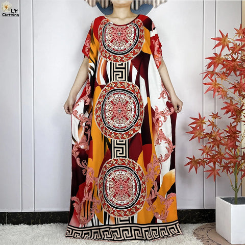 Image of Women Short Sleeve Cotton Loose Femme Robe Dresses With Big Scarf-FrenzyAfricanFashion.com