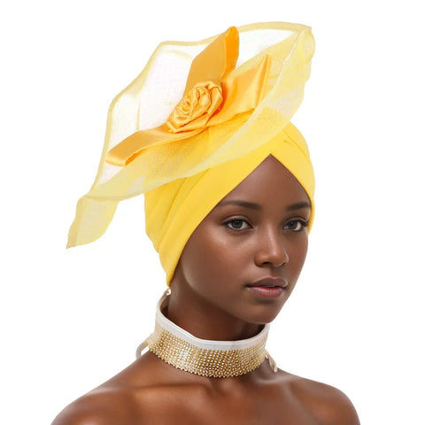 Image of Nigeria Headtie Wedding Party Headties Female Head Wrap Already Made Auto Gele African Auto Gele Women Wedding Flower Turban Cap-FrenzyAfricanFashion.com