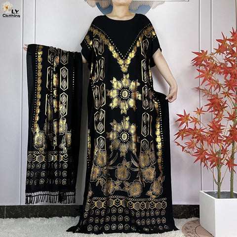 Image of Abaya Dress Short Sleeve Cotton Loose Robe With Big Scarf Maxi-FrenzyAfricanFashion.com