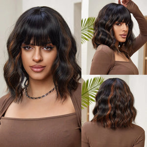 Short Wavy Synthetic Bob Wigs Dark Brown with Highlight Bangs-FrenzyAfricanFashion.com