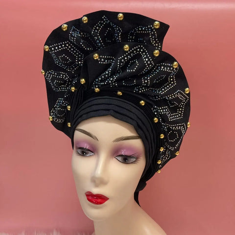 Image of Fahion High Quality Nigerian Gele Headtie Aso Oke Gele Already Made Auto Gele Aso Ebi Headtie African Turban with Bead Z1113-1-FrenzyAfricanFashion.com