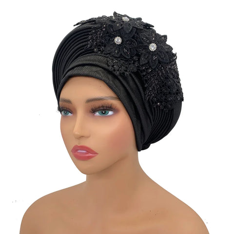 Image of Embroidery Flower African Autogele Headtie Women's Fashion Turban Cap Wedding Gele Party Headpiece Nigeria Female Head Wraps-FrenzyAfricanFashion.com