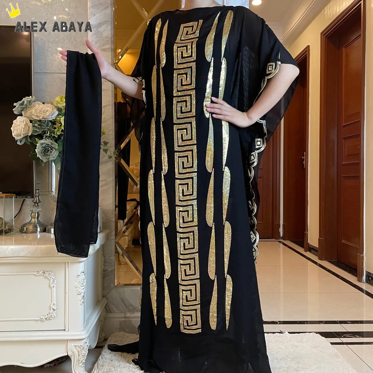 Women Abaya African Embroidery Flower Dress With Scarf-FrenzyAfricanFashion.com